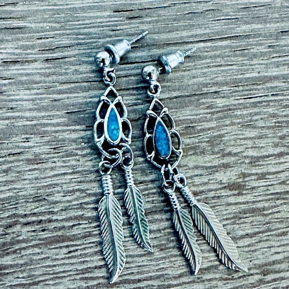 Silver Boho Feather Turquoise Blue Drop Earrings